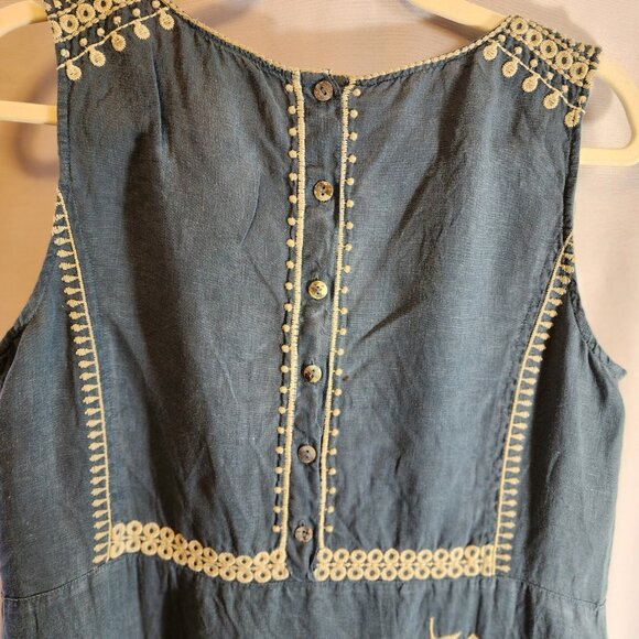 JOHNNY WAS 100% LINEN BLUE SHIFT DRESS IVORY FLORAL EMBROIDERY SIZE SMALL BOHO - Picture 6 of 11